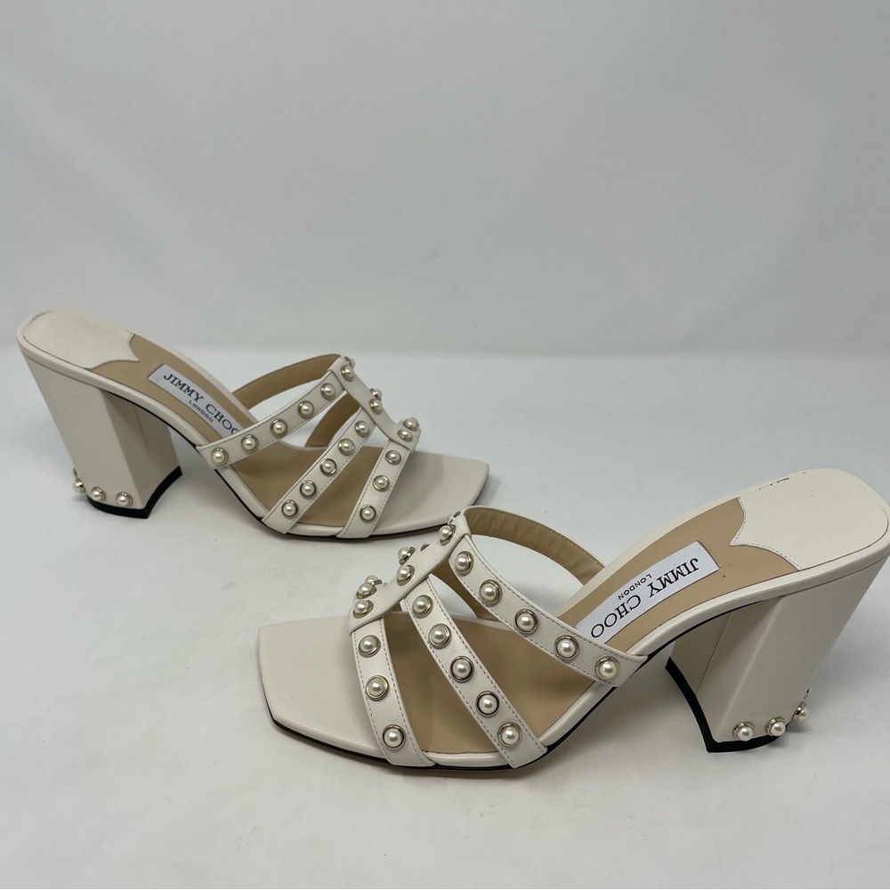 Nib JIMMY CHOO HAZAL 85 LATTE NAPPA CAGED MULES WITH PEARL STUDS IN CREAM - Picture 11 of 13